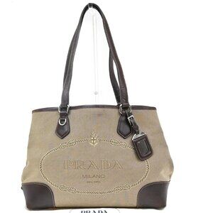 PRADA MILANO Logo Shoulder Bag Canvas Leather Brown Made in Italy 38KP156
